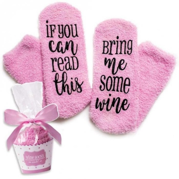 โBring Me Some Wineโ Fuzzy Pink Novelty Socks - Picture 4 of 6
